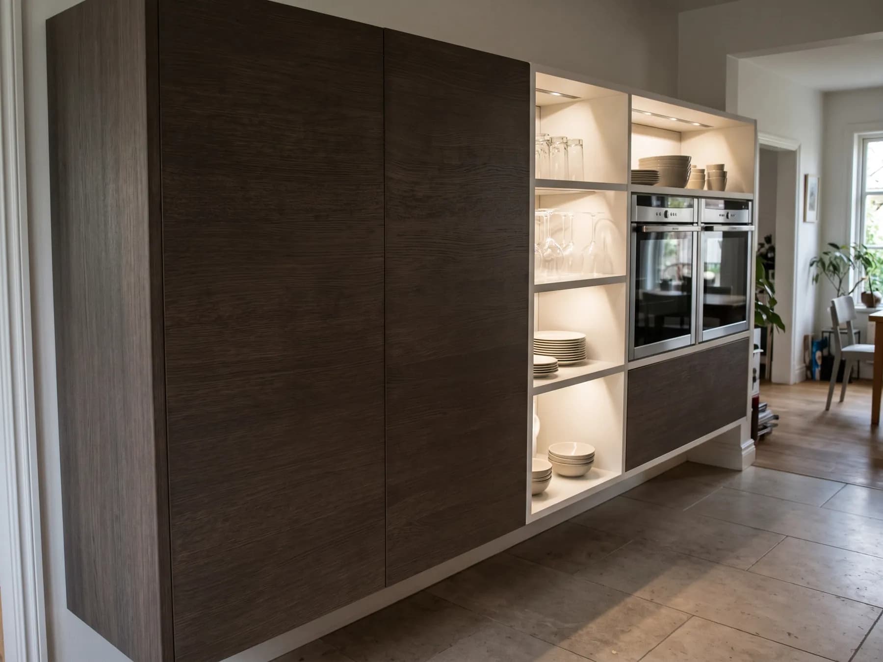 Dark walnut veneer wall units with lit open niches and integrated ovens